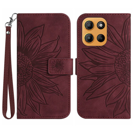 For Motorola Moto G15 4G Case Sunflower Imprint Leather Wallet Phone Cover with Wrist Strap - Wine Red