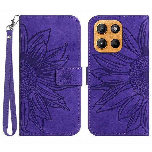 For Motorola Moto G15 4G Case Sunflower Imprint Leather Wallet Phone Cover with Wrist Strap - Dark Purple