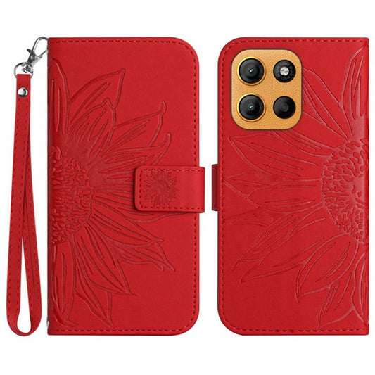 For Motorola Moto G15 4G Case Sunflower Imprint Leather Wallet Phone Cover with Wrist Strap - Red