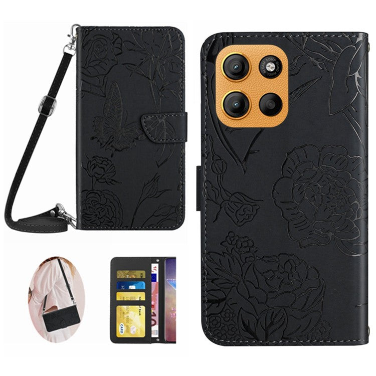 For Motorola Moto G15 4G Case Butterfly Flower Imprint Leather Phone Cover with Shoulder Strap - Black