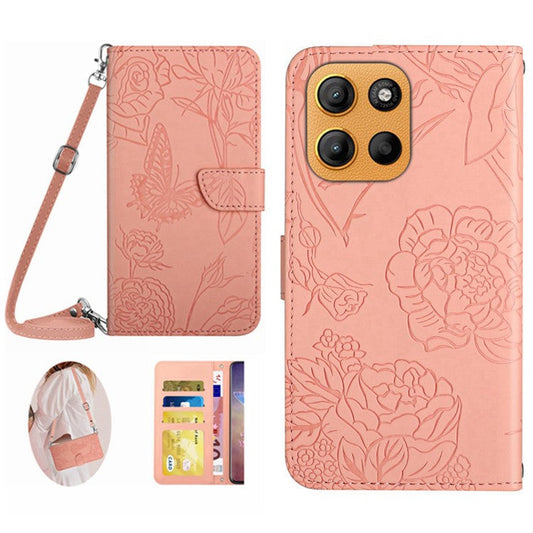For Motorola Moto G15 4G Case Butterfly Flower Imprint Leather Phone Cover with Shoulder Strap - Pink