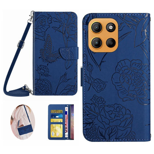 For Motorola Moto G15 4G Case Butterfly Flower Imprint Leather Phone Cover with Shoulder Strap - Blue