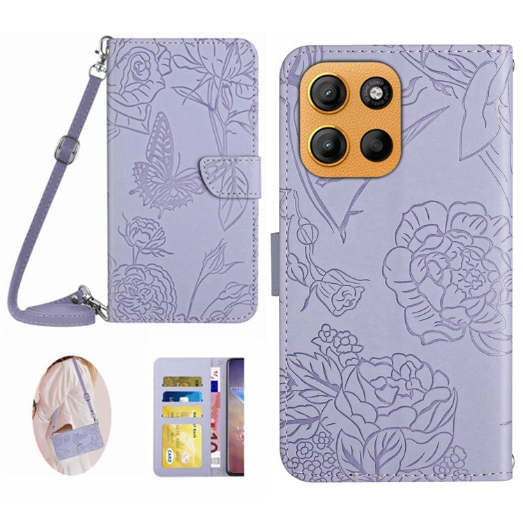 For Motorola Moto G15 4G Case Butterfly Flower Imprint Leather Phone Cover with Shoulder Strap - Purple