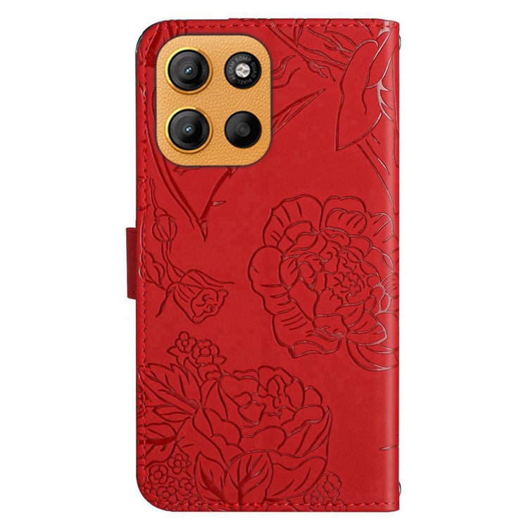 For Motorola Moto G15 4G Case Leather Phone Cover with Strap, Butterfly Flower Imprint - Red