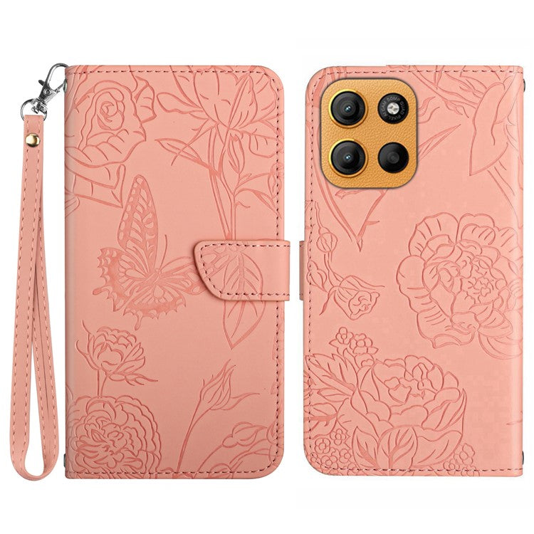 For Motorola Moto G15 4G Case Leather Phone Cover with Strap, Butterfly Flower Imprint - Pink