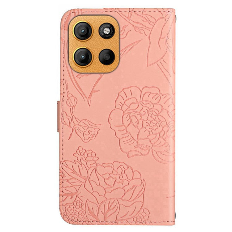 For Motorola Moto G15 4G Case Leather Phone Cover with Strap, Butterfly Flower Imprint - Pink
