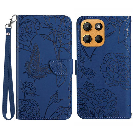 For Motorola Moto G15 4G Case Leather Phone Cover with Strap, Butterfly Flower Imprint - Blue
