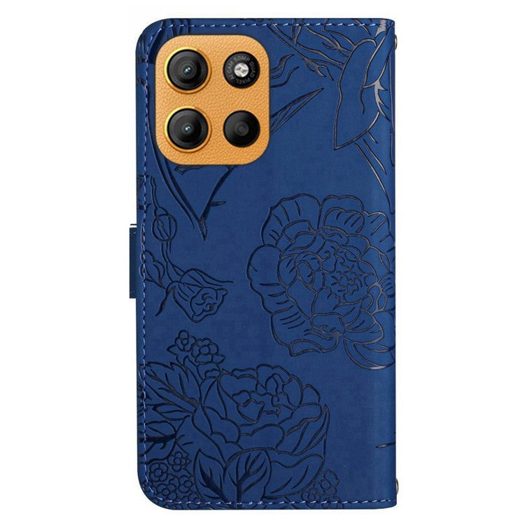 For Motorola Moto G15 4G Case Leather Phone Cover with Strap, Butterfly Flower Imprint - Blue