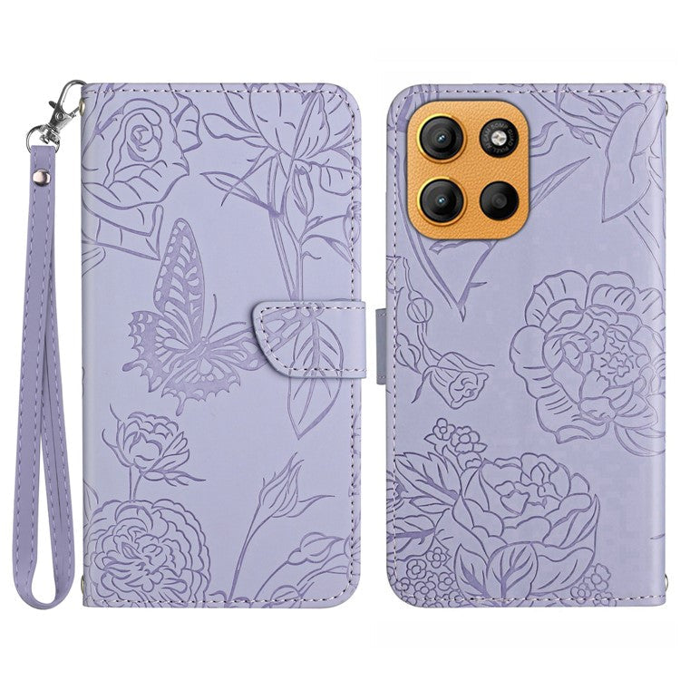 For Motorola Moto G15 4G Case Leather Phone Cover with Strap, Butterfly Flower Imprint - Purple
