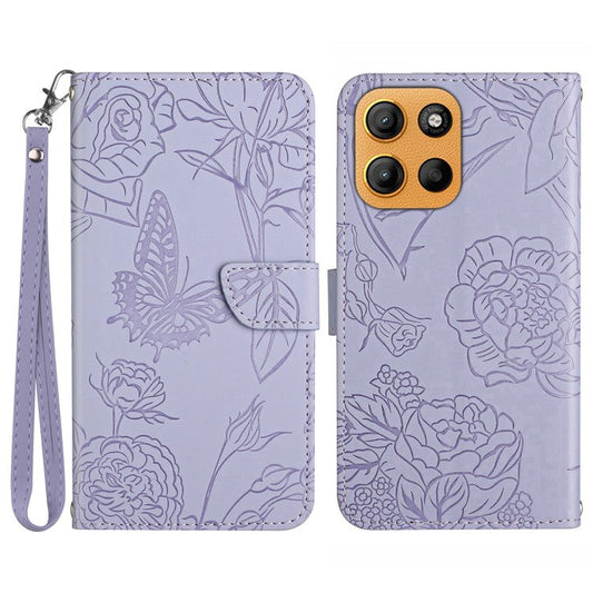 For Motorola Moto G15 4G Case Leather Phone Cover with Strap, Butterfly Flower Imprint - Purple