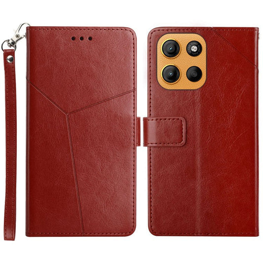 For Motorola Moto G15 4G Case Y Shaped Lines Imprint Leather Phone Cover - Brown