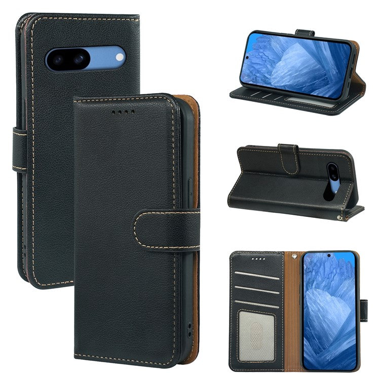 For Google Pixel 8a Leather Case Litchi Texture Wallet RFID Blocking Phone Cover - Black