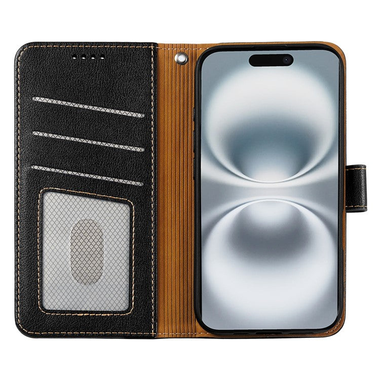 For iPhone 16 Plus Leather Case Litchi Texture Wallet RFID Blocking Phone Cover - Black