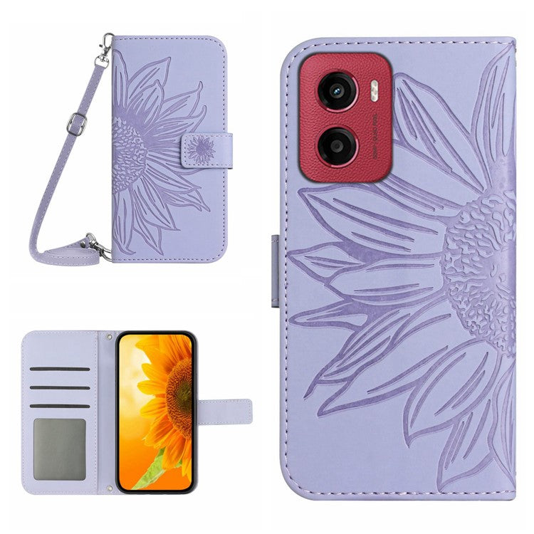 For Motorola Moto G05 4G Case Sunflower Imprint PU Leather Phone Cover with Long Strap - Light Purple