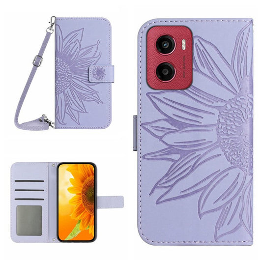 For Motorola Moto G05 4G Case Sunflower Imprint PU Leather Phone Cover with Long Strap - Light Purple