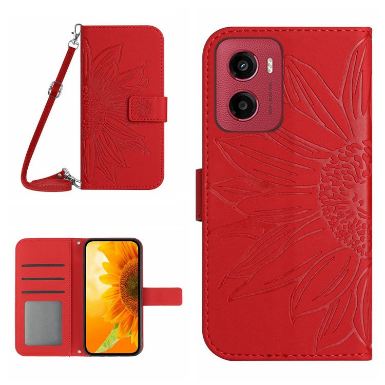 For Motorola Moto G05 4G Case Sunflower Imprint PU Leather Phone Cover with Long Strap - Red