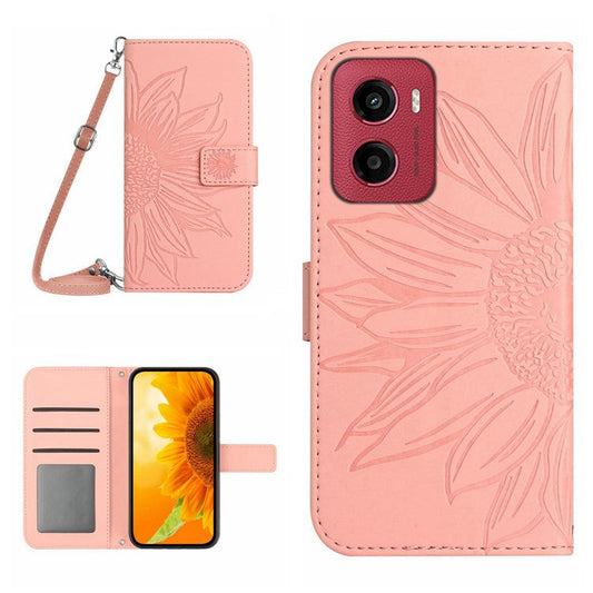 For Motorola Moto G05 4G Case Sunflower Imprint PU Leather Phone Cover with Long Strap - Light Pink
