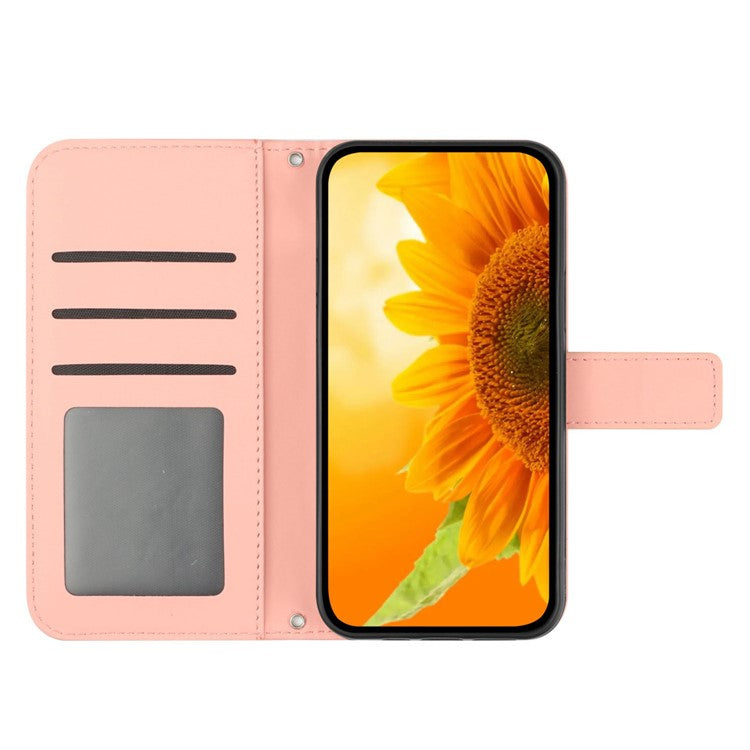 For Motorola Moto G05 4G Case Sunflower Imprint PU Leather Phone Cover with Long Strap - Light Pink