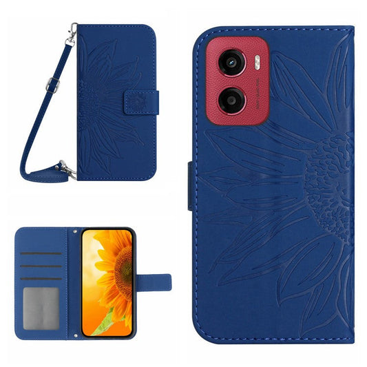 For Motorola Moto G05 4G Case Sunflower Imprint PU Leather Phone Cover with Long Strap - Sapphire