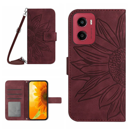 For Motorola Moto G05 4G Case Sunflower Imprint PU Leather Phone Cover with Long Strap - Wine Red