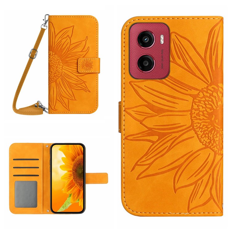 For Motorola Moto G05 4G Case Sunflower Imprint PU Leather Phone Cover with Long Strap - Yellow