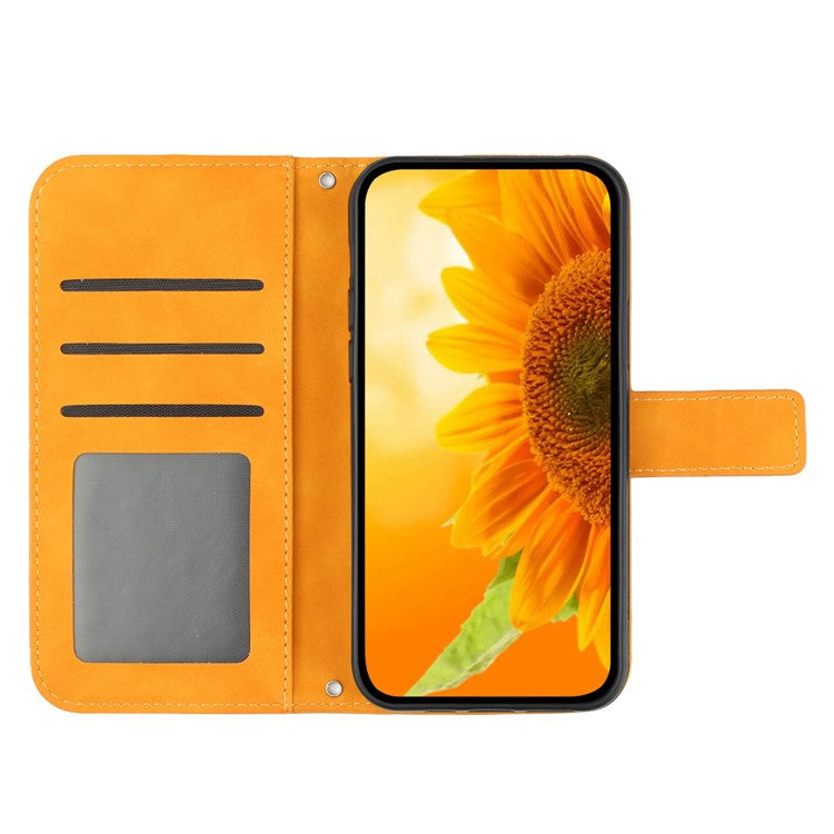For Motorola Moto G05 4G Case Sunflower Imprint PU Leather Phone Cover with Long Strap - Yellow
