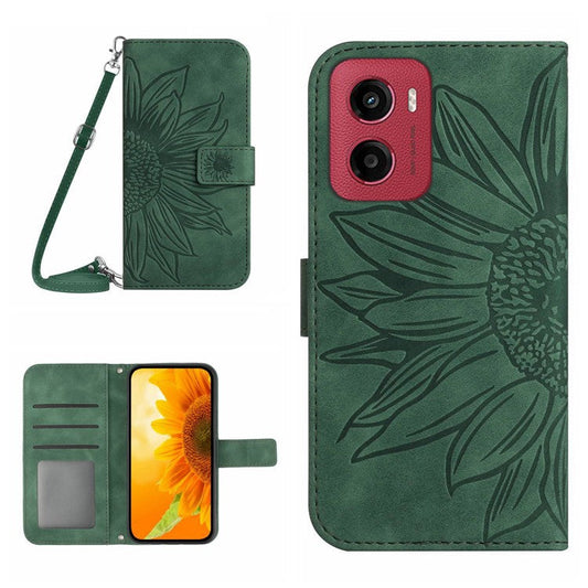 For Motorola Moto G05 4G Case Sunflower Imprint PU Leather Phone Cover with Long Strap - Blackish Green