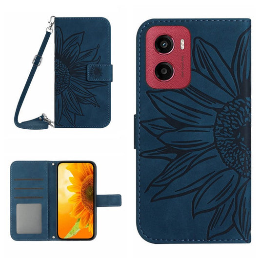 For Motorola Moto G05 4G Case Sunflower Imprint PU Leather Phone Cover with Long Strap - Dark Blue