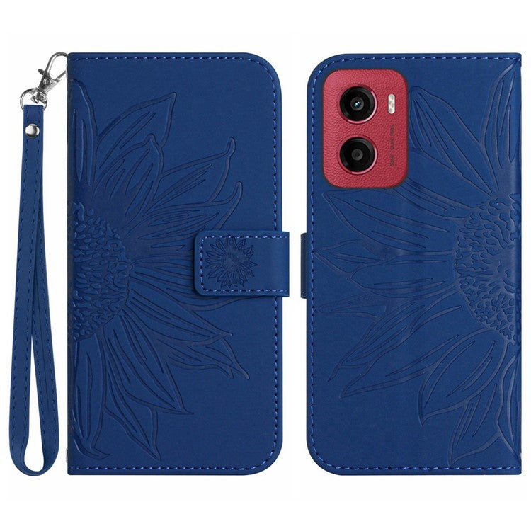 For Motorola Moto G05 4G Case Sunflower Imprint Leather Wallet Phone Cover with Wrist Strap - Sapphire