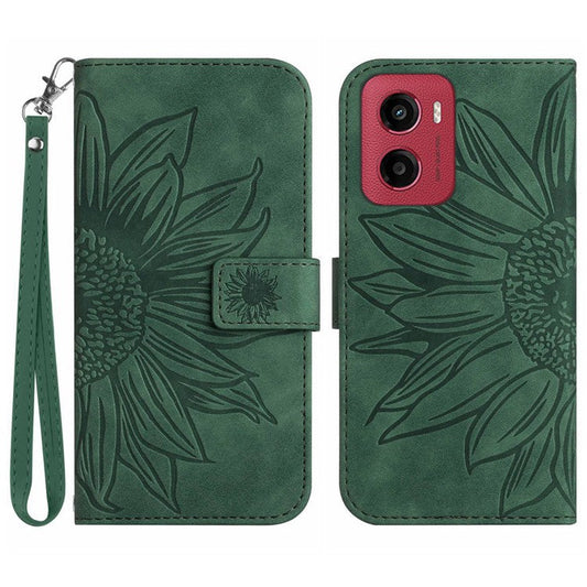 For Motorola Moto G05 4G Case Sunflower Imprint Leather Wallet Phone Cover with Wrist Strap - Blackish Green