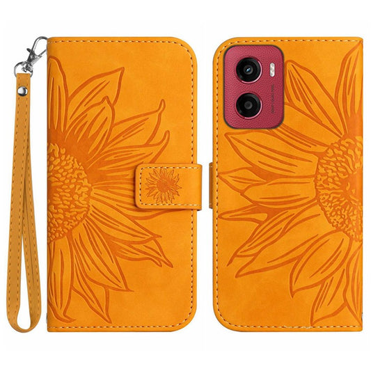 For Motorola Moto G05 4G Case Sunflower Imprint Leather Wallet Phone Cover with Wrist Strap - Yellow