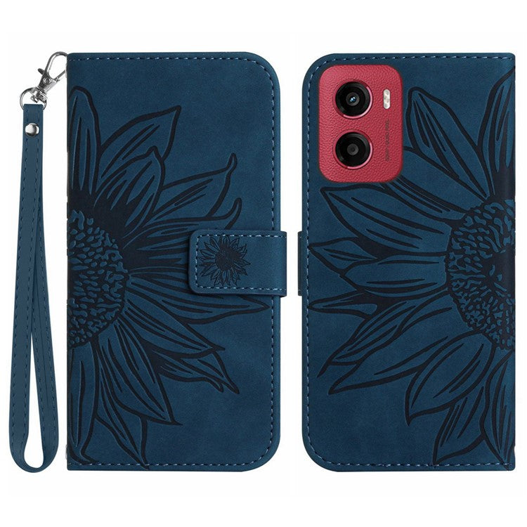 For Motorola Moto G05 4G Case Sunflower Imprint Leather Wallet Phone Cover with Wrist Strap - Dark Blue