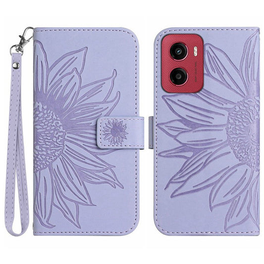For Motorola Moto G05 4G Case Sunflower Imprint Leather Wallet Phone Cover with Wrist Strap - Light Purple