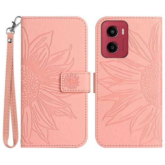 For Motorola Moto G05 4G Case Sunflower Imprint Leather Wallet Phone Cover with Wrist Strap - Light Pink