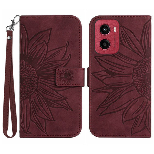 For Motorola Moto G05 4G Case Sunflower Imprint Leather Wallet Phone Cover with Wrist Strap - Wine Red