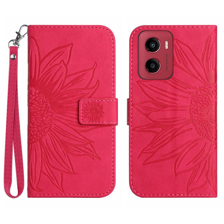 For Motorola Moto G05 4G Case Sunflower Imprint Leather Wallet Phone Cover with Wrist Strap - Rose