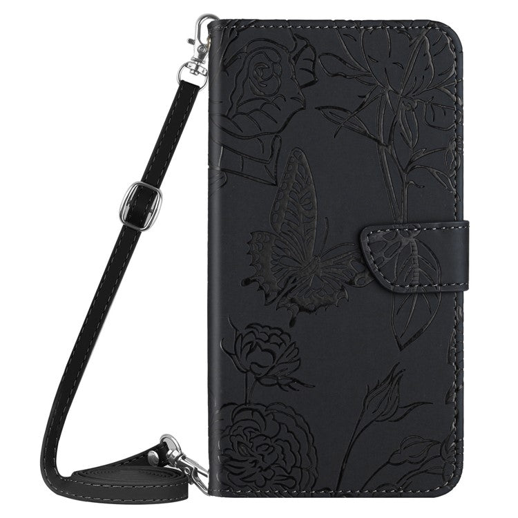 For Motorola Moto G05 4G Case Butterfly Flower Imprint Leather Phone Cover with Shoulder Strap - Black