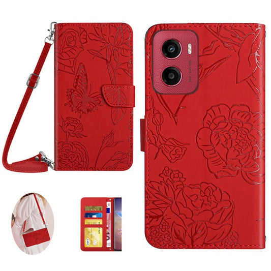 For Motorola Moto G05 4G Case Butterfly Flower Imprint Leather Phone Cover with Shoulder Strap - Red