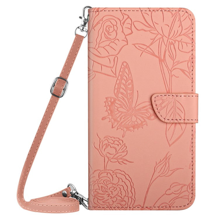 For Motorola Moto G05 4G Case Butterfly Flower Imprint Leather Phone Cover with Shoulder Strap - Pink