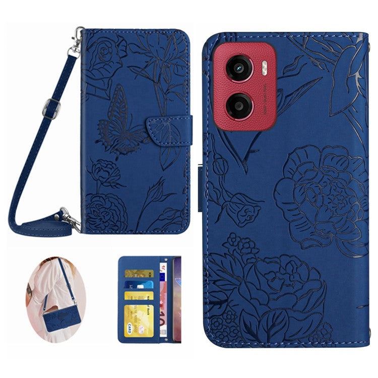 For Motorola Moto G05 4G Case Butterfly Flower Imprint Leather Phone Cover with Shoulder Strap - Blue