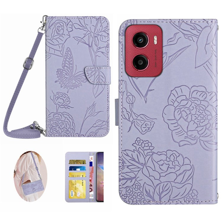 For Motorola Moto G05 4G Case Butterfly Flower Imprint Leather Phone Cover with Shoulder Strap - Purple