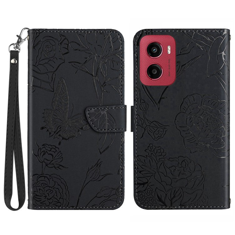 For Motorola Moto G05 4G Case Leather Phone Cover with Strap Butterfly Flower Imprint - Black