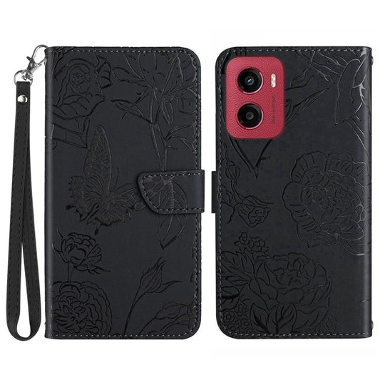 For Motorola Moto G05 4G Case Leather Phone Cover with Strap Butterfly Flower Imprint - Black