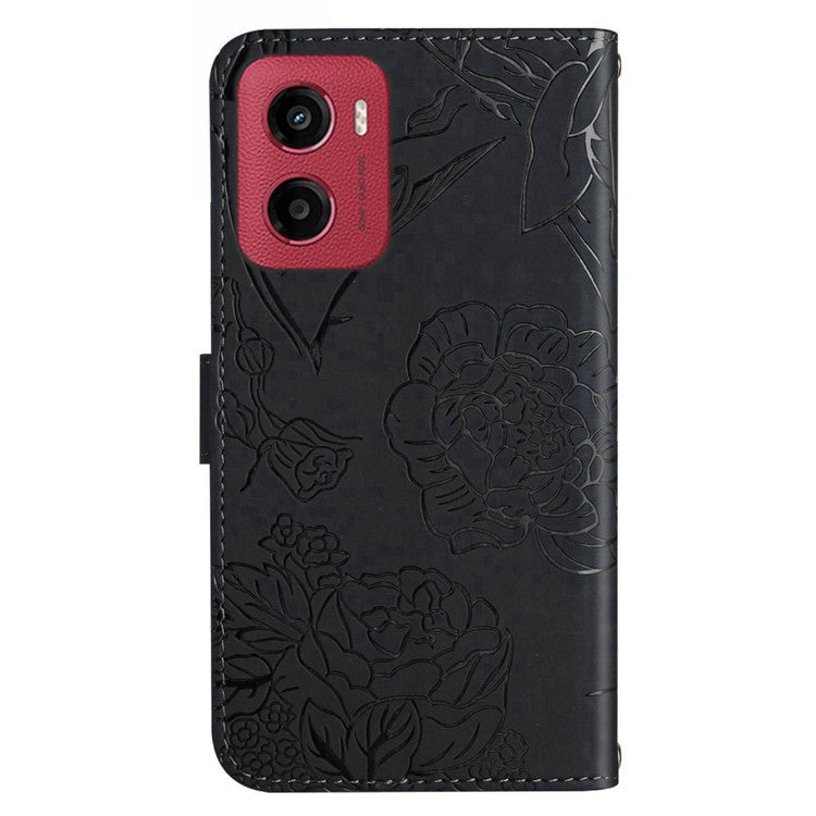 For Motorola Moto G05 4G Case Leather Phone Cover with Strap Butterfly Flower Imprint - Black