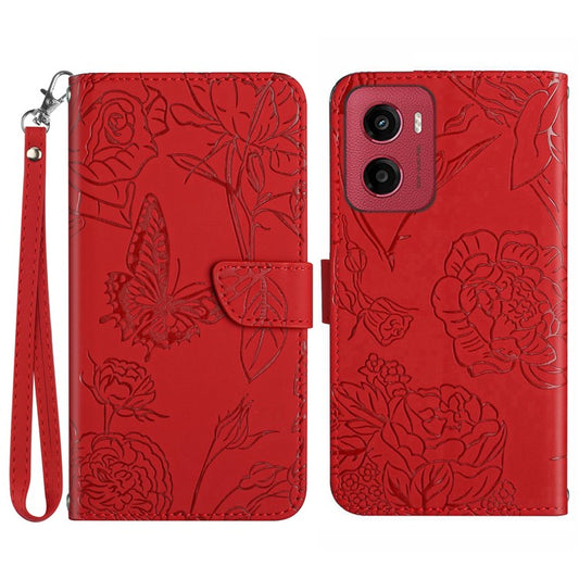 For Motorola Moto G05 4G Case Leather Phone Cover with Strap, Butterfly Flower Imprint - Red
