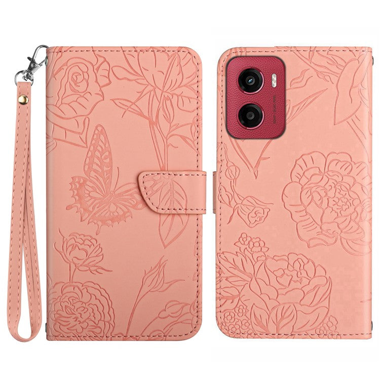 For Motorola Moto G05 4G Case Leather Phone Cover with Strap, Butterfly Flower Imprint - Pink