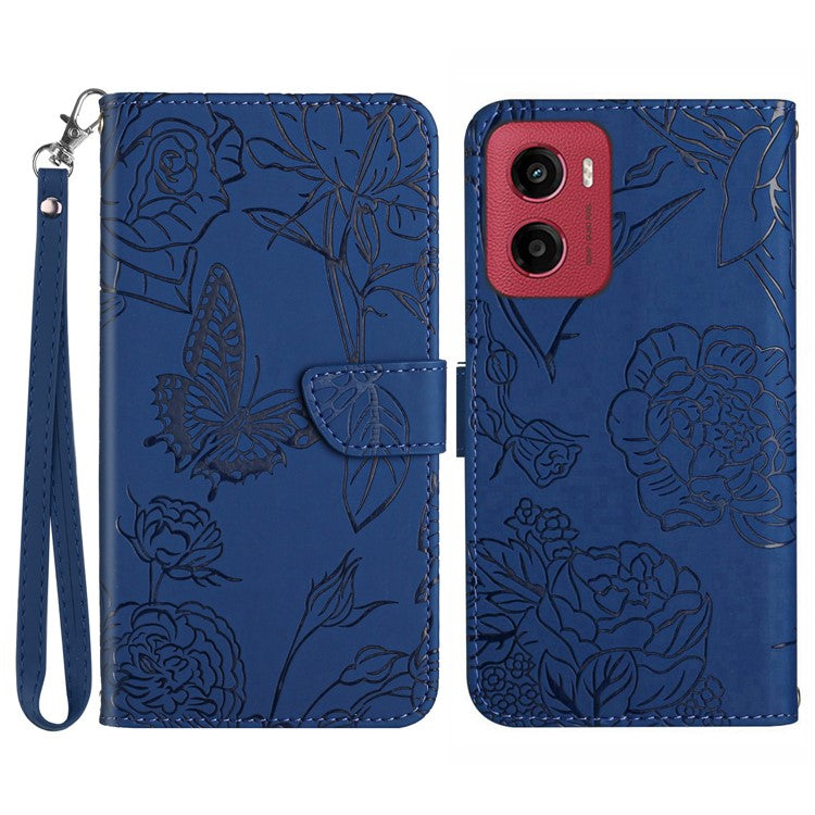 For Motorola Moto G05 4G Case Leather Phone Cover with Strap, Butterfly Flower Imprint - Blue