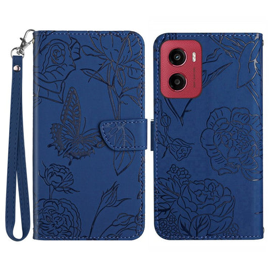 For Motorola Moto G05 4G Case Leather Phone Cover with Strap, Butterfly Flower Imprint - Blue