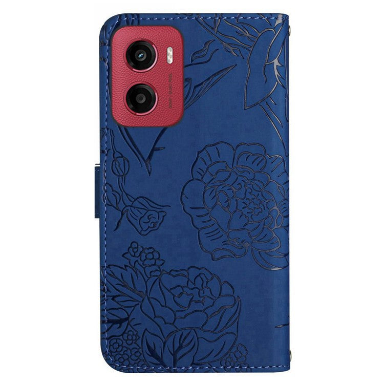 For Motorola Moto G05 4G Case Leather Phone Cover with Strap, Butterfly Flower Imprint - Blue
