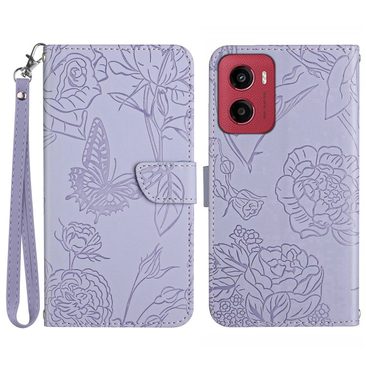 For Motorola Moto G05 4G Case Leather Phone Cover with Strap, Butterfly Flower Imprint - Purple